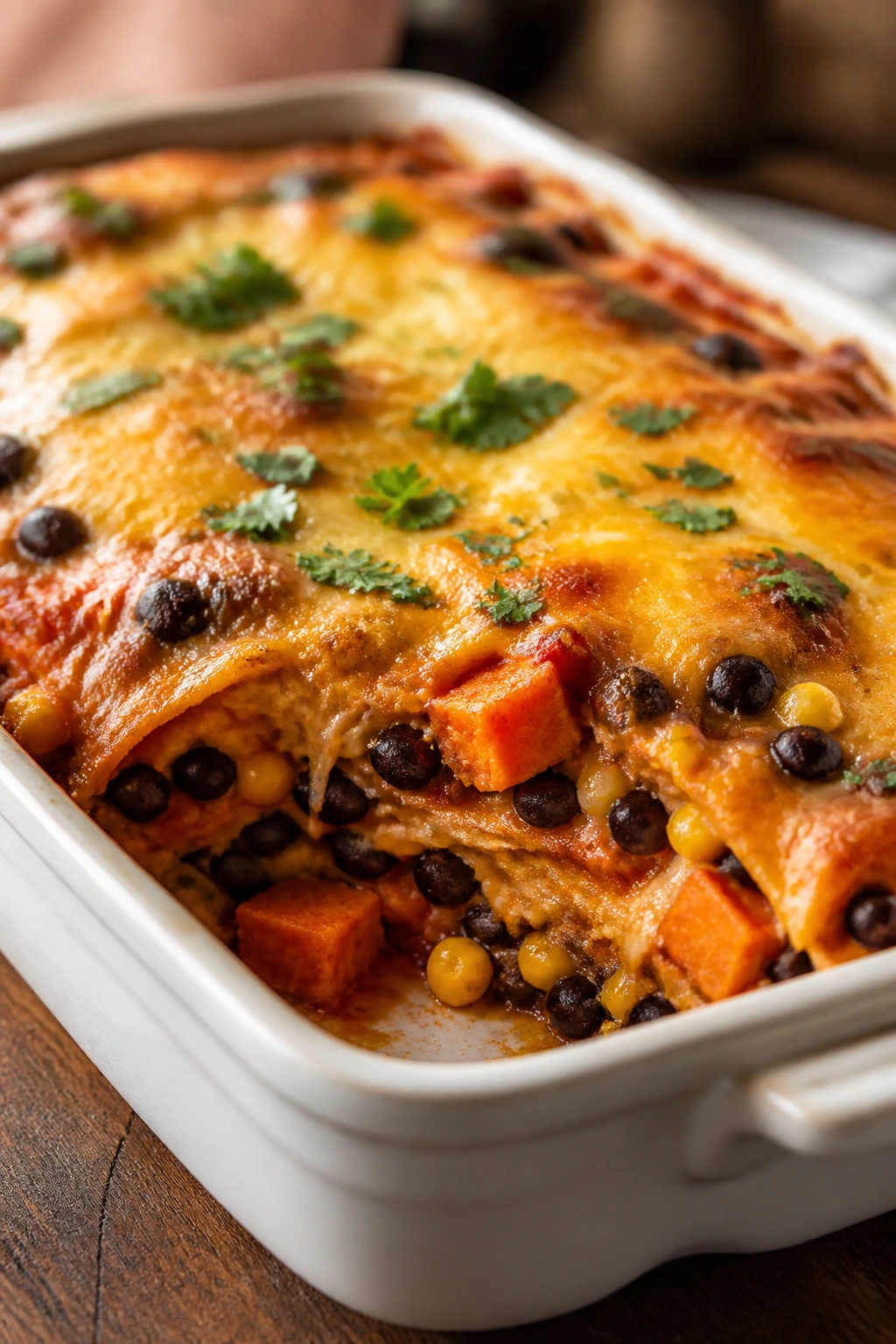Layered black bean and sweet potato enchilada casserole in a baking dish