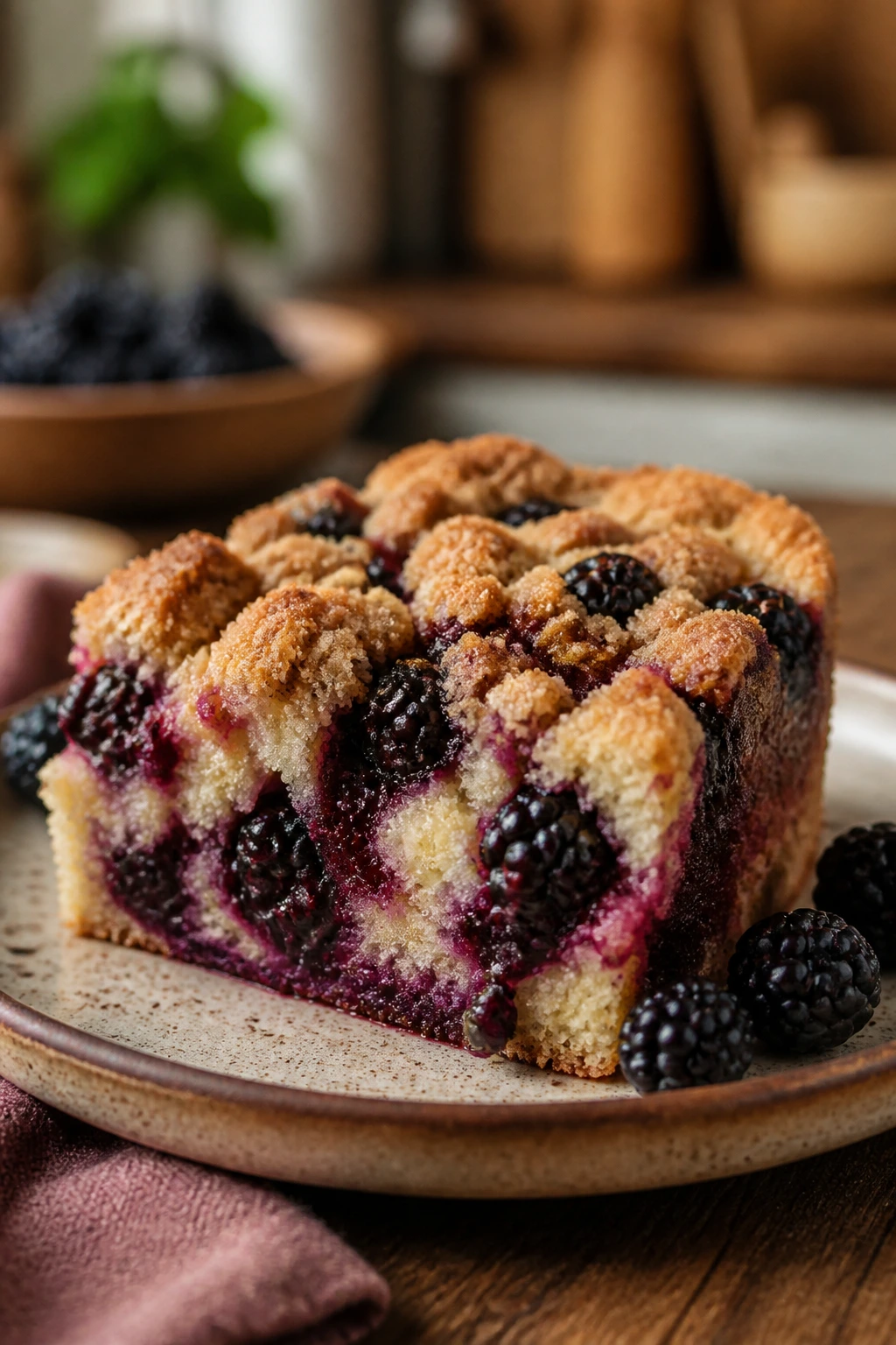 Close-up slice of blackberry buckle with berries and streusel on a rustic plate