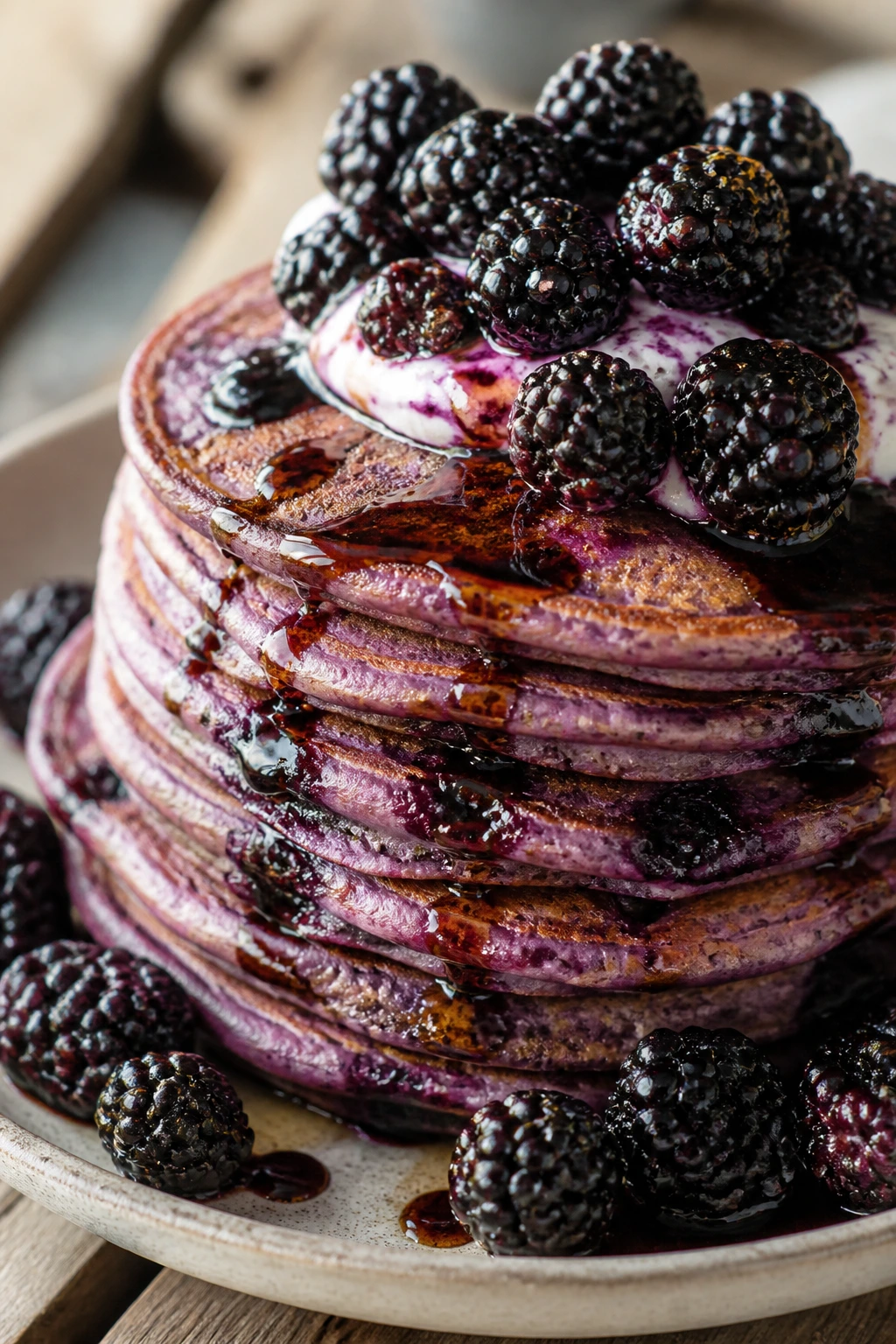 Close-up of Blackberry Balsamic Pancakes with berries and balsamic sheen