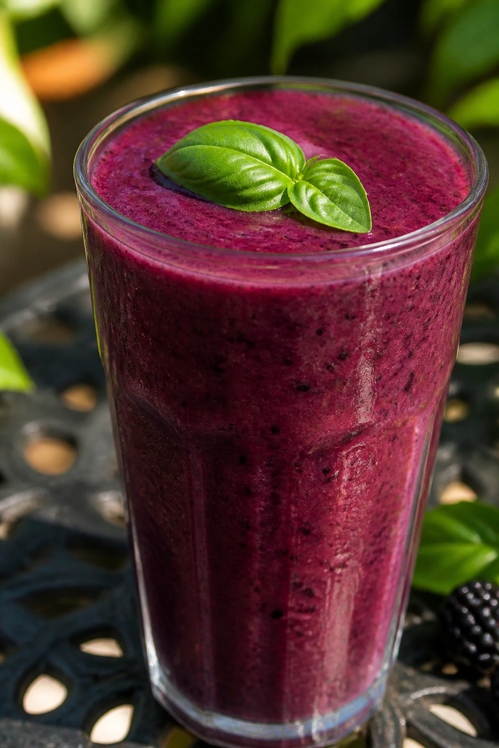 Purple blackberry basil smoothie in a glass with basil garnish