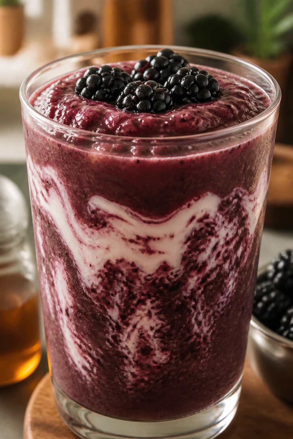 Deep purple blackberry black tea smoothie in glass on kitchen counter