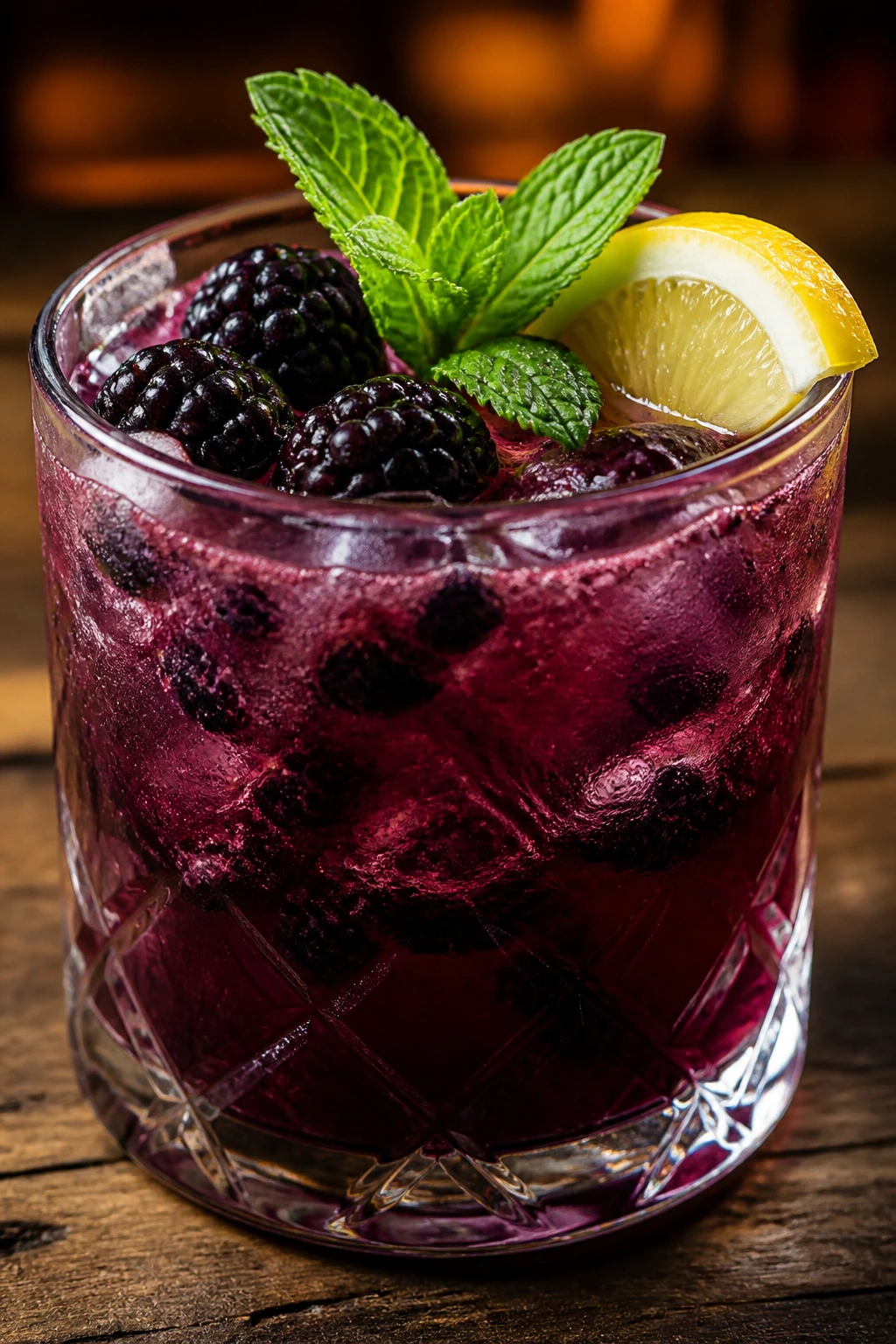 Rocks glass with blackberry bourbon lemonade and blackberry muddling