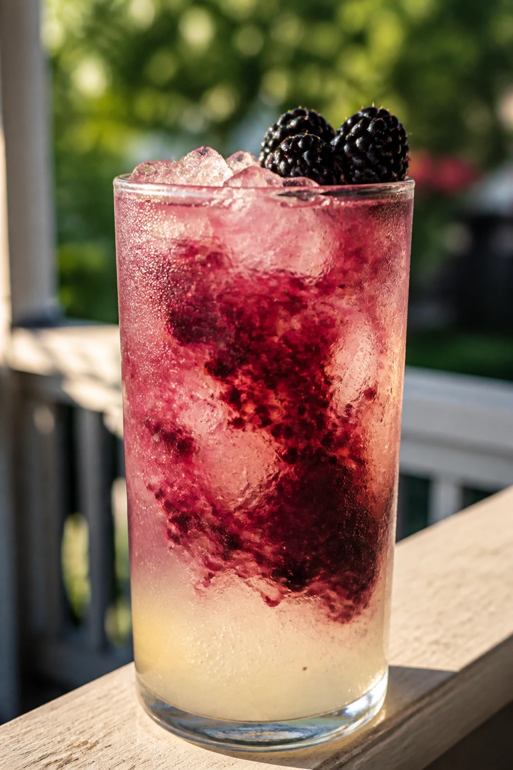 Blackberry Bourbon Lemonade in a tall glass with blackberry garnish