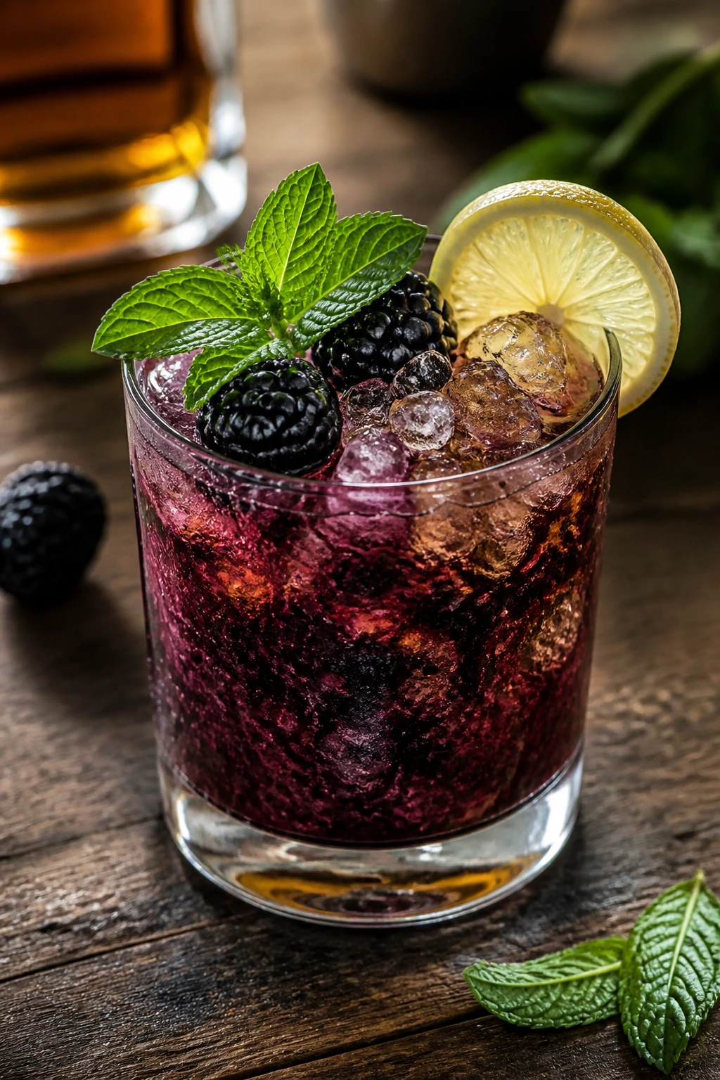 Close-up of Blackberry Bourbon Smash in a rocks glass with muddled blackberries and mint on a rustic bar