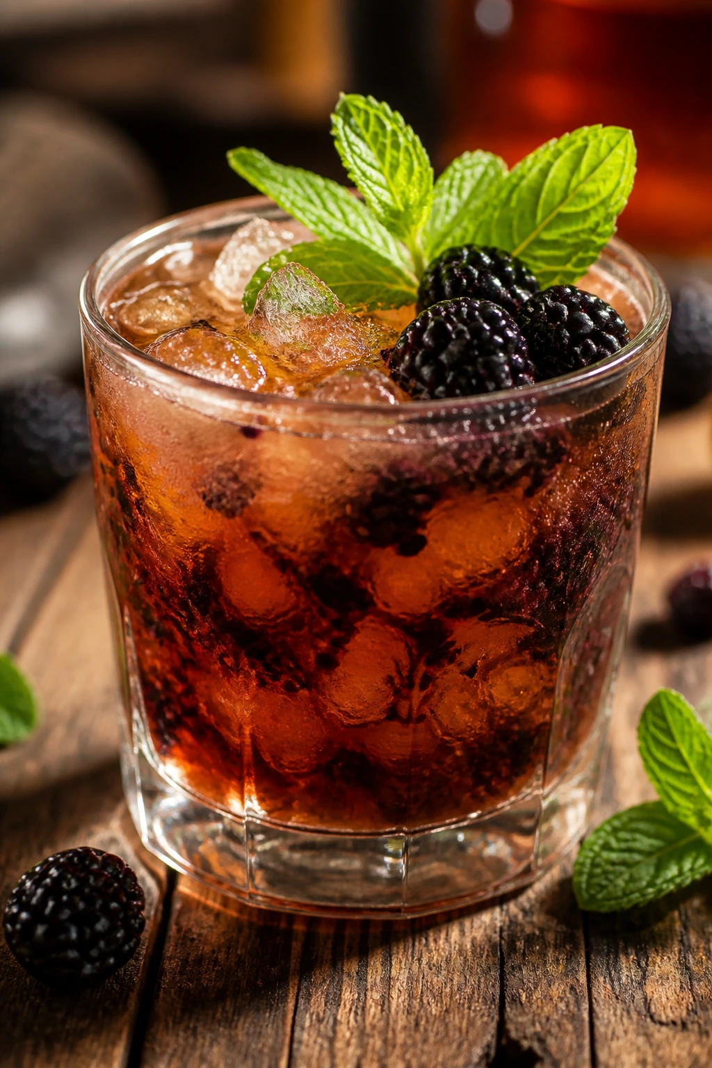 Close-up of Blackberry Bourbon Smash in a rocks glass with muddled berries