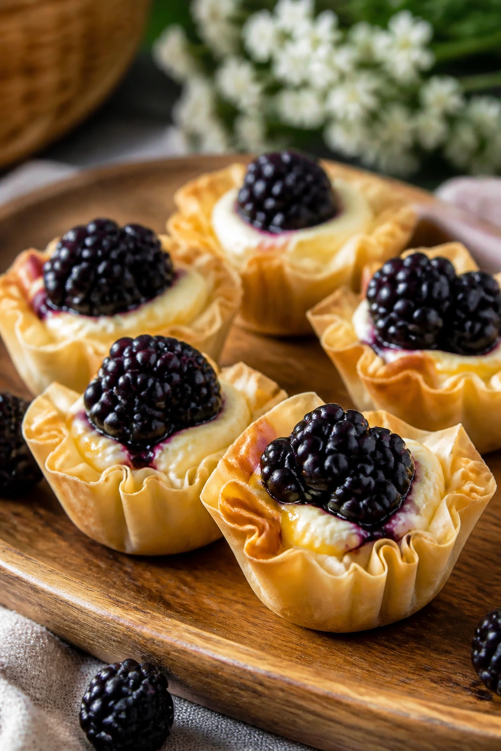 Phyllo cups with Brie and blackberry topping on a rustic tray