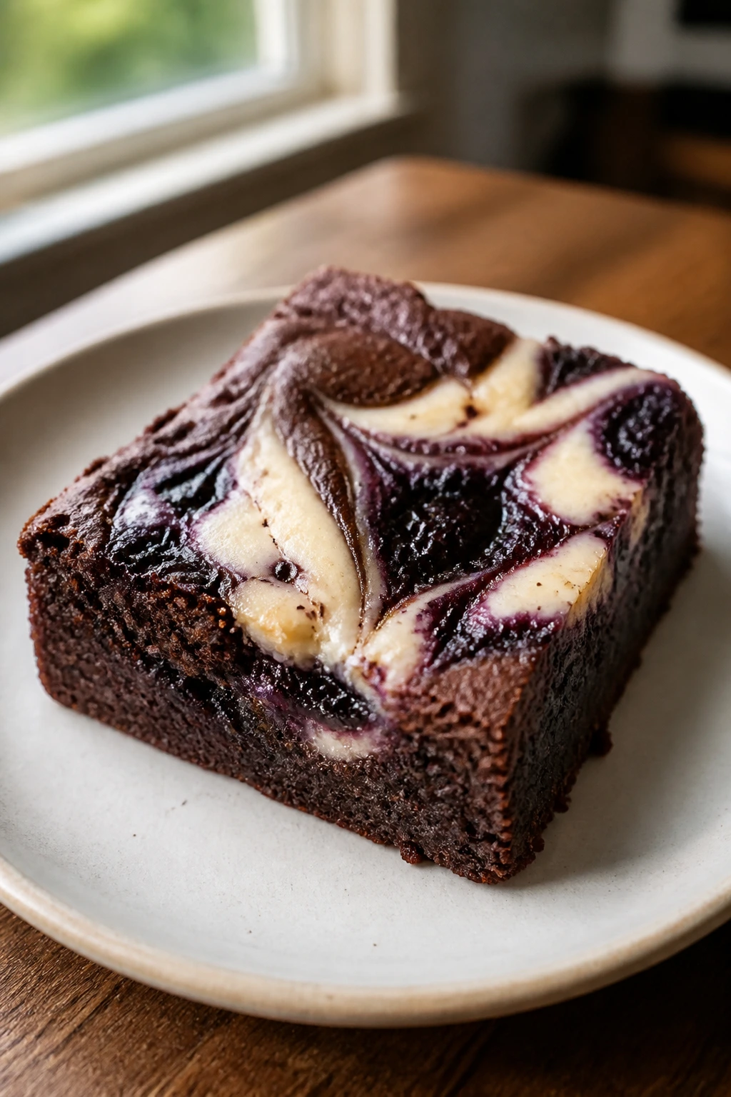 Close-up of blackberry vanilla swirl brownie with dark berry swirl