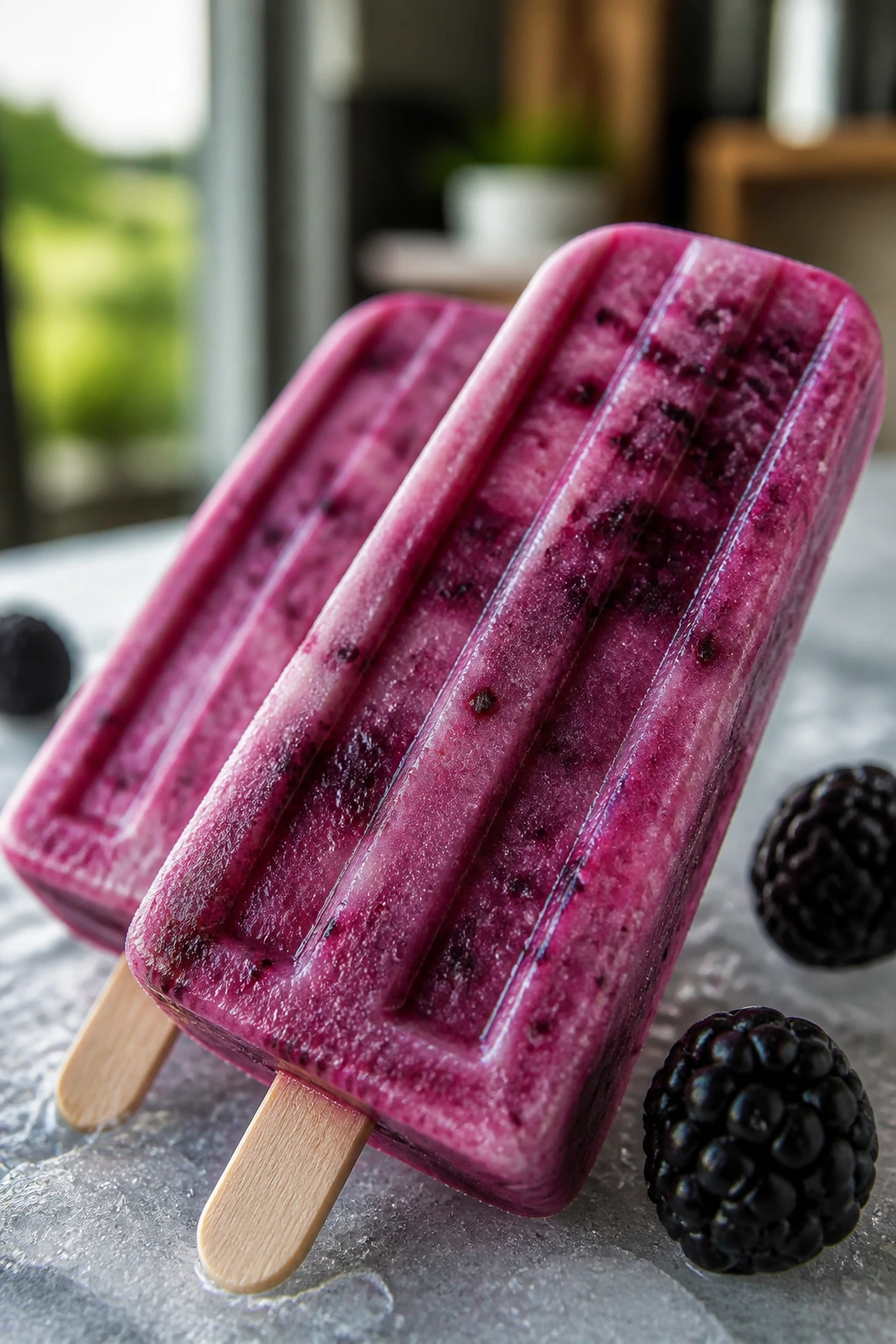 Blackberry buttermilk popsicles on a frost-kissed surface