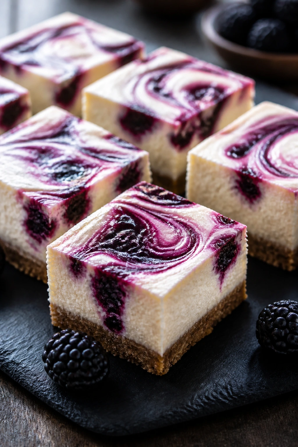 Close-up of blackberry cheesecake bars with a marbled swirl on slate