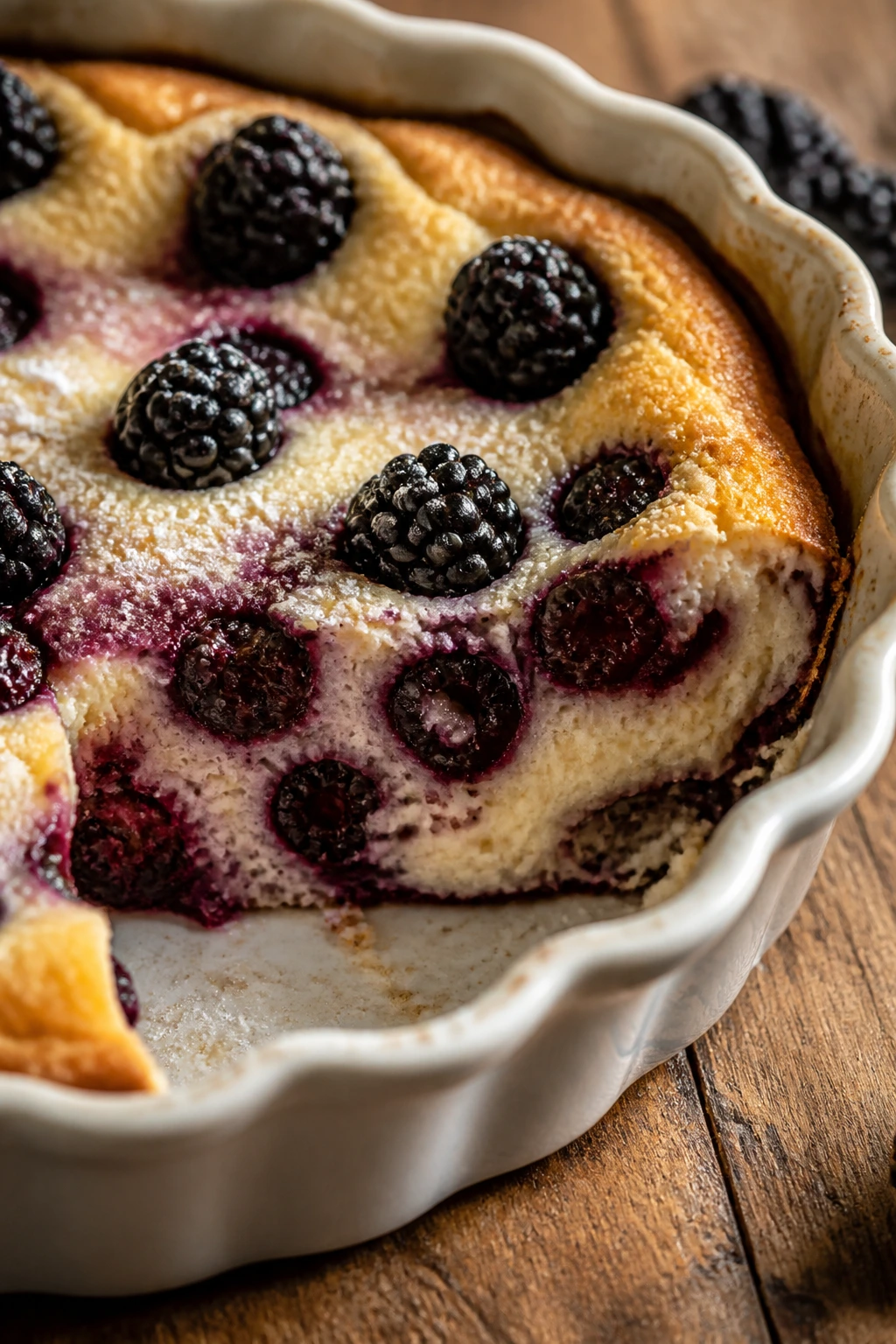 Close-up of blackberry clafoutis in a baking dish with berries