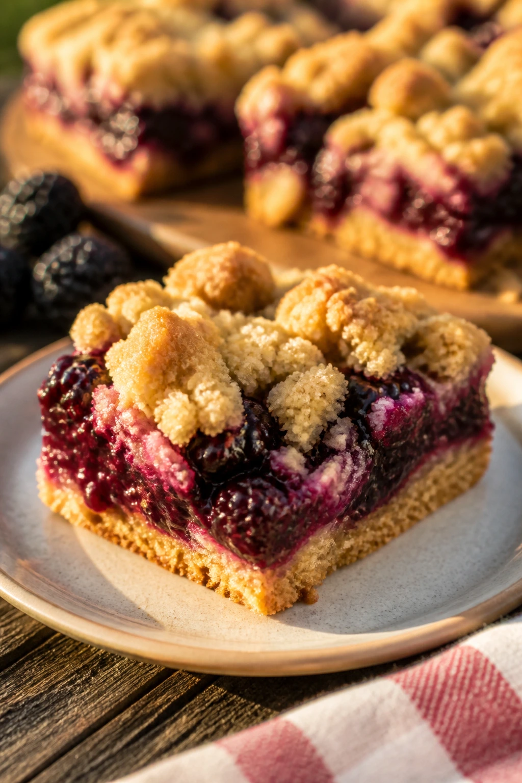 Blackberry cobbler bar on a plate at a picnic