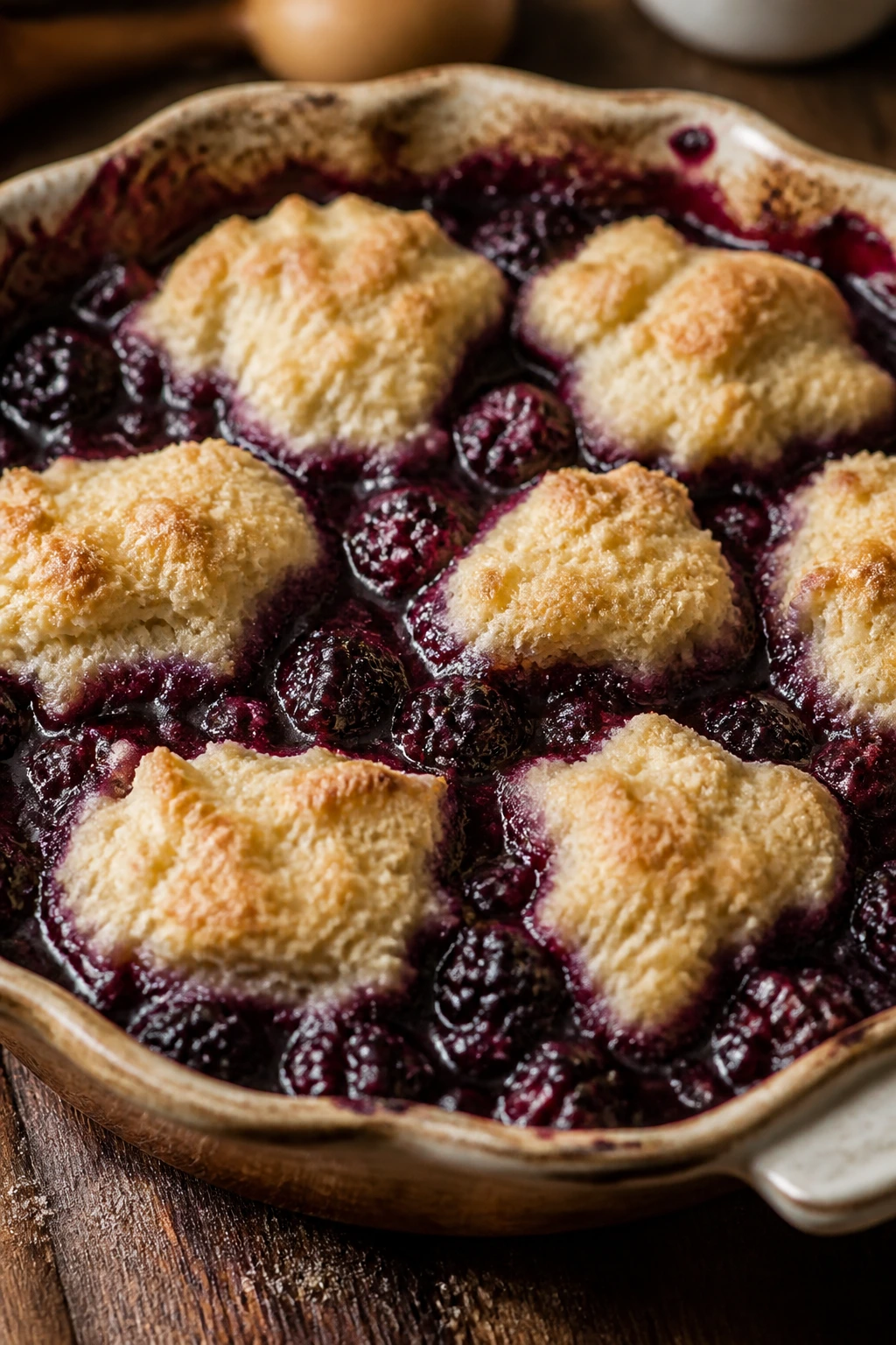 Close-up of bubbling blackberry cobbler with biscuit topping in a baking dish