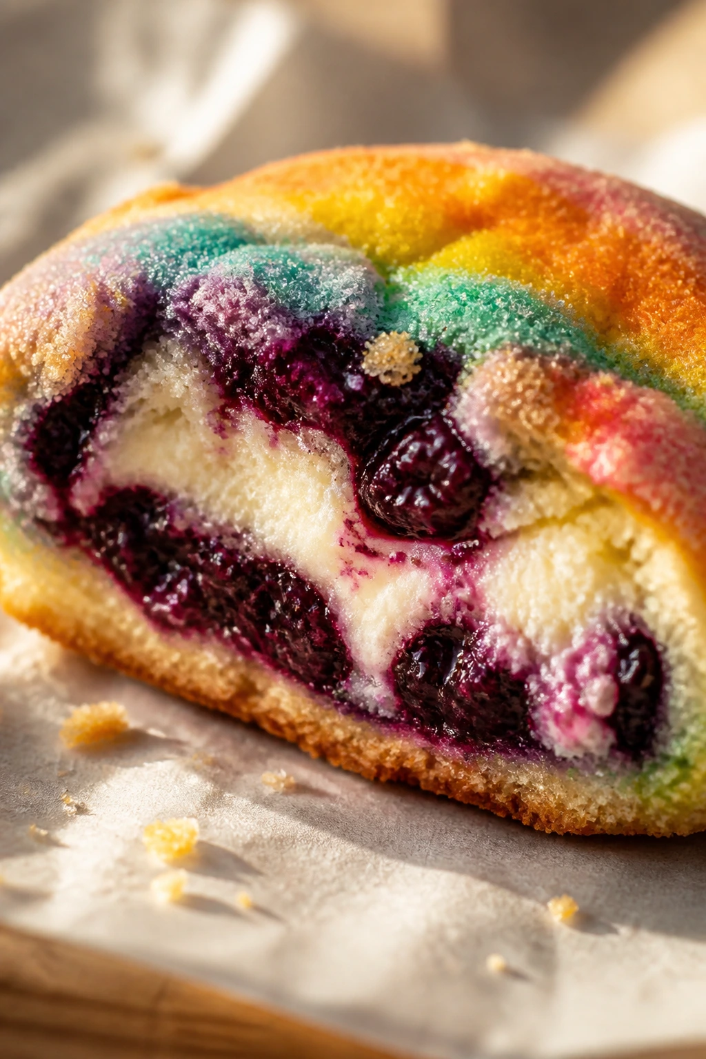 Cross-section of blackberry cream rainbow cookie showing creamy filling