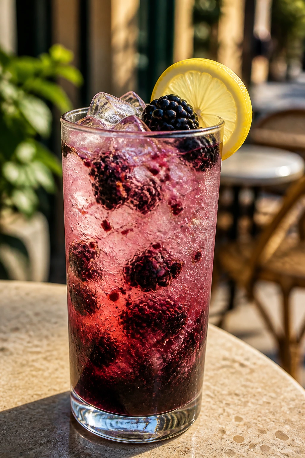 Close-up of a tall highball glass with blackberry gin fizz and berries