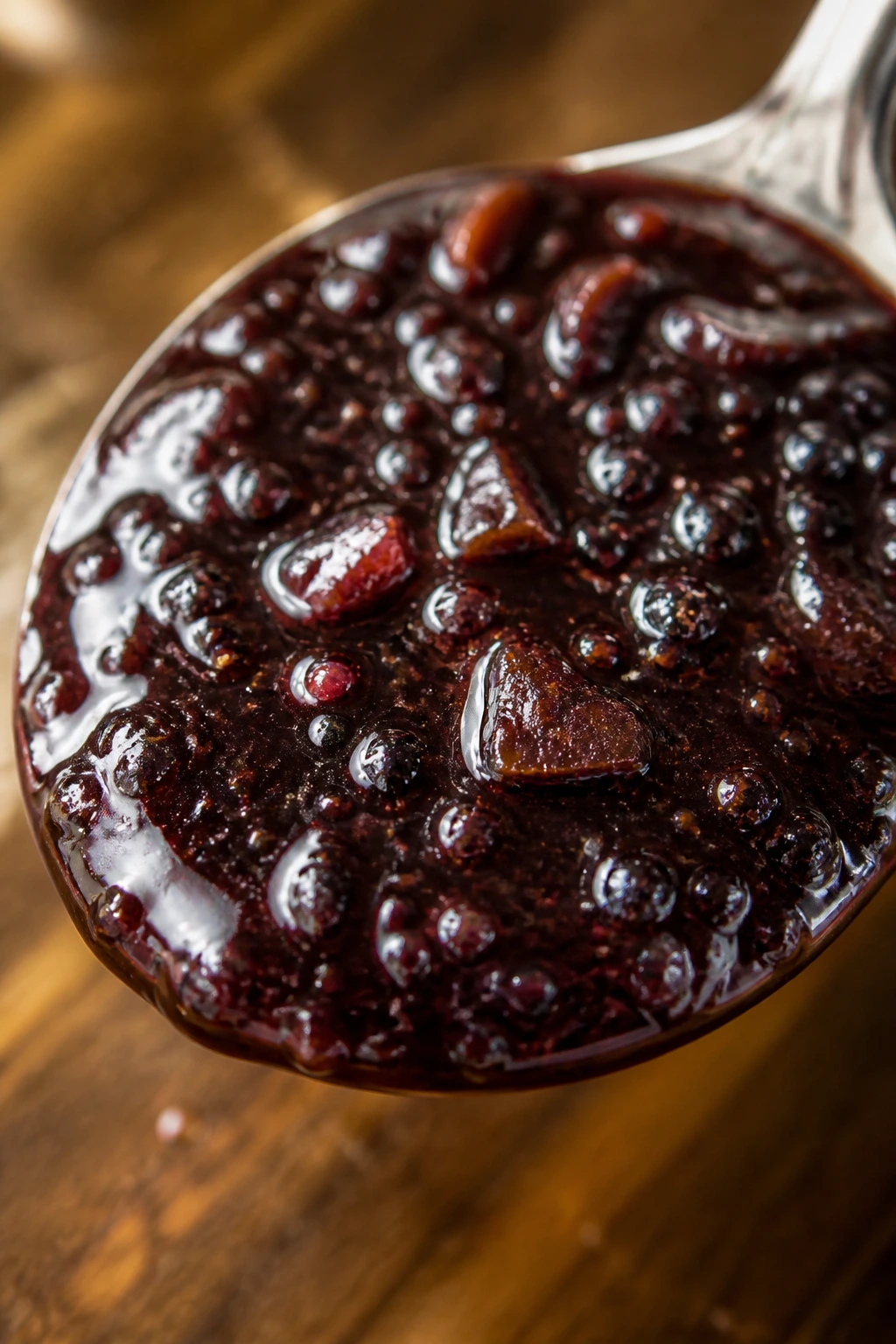 Close-up of glossy blackberry balsamic glaze on a spoon