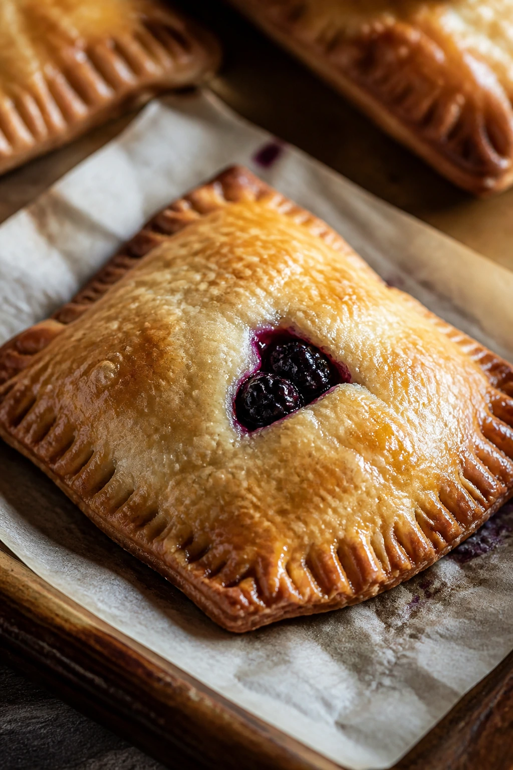 Close-up of a flaky blackberry hand pie with jammy filling on parchment