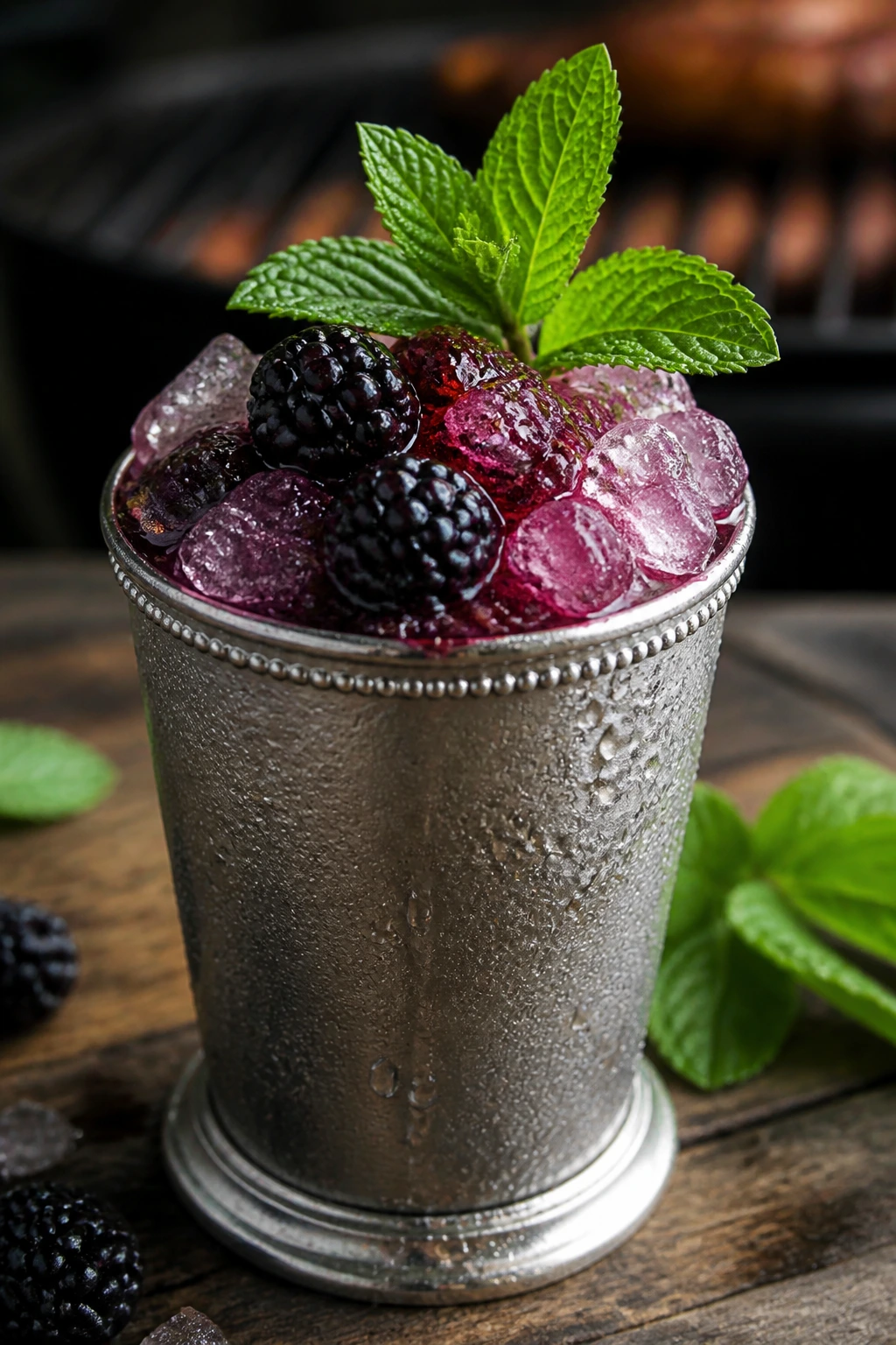 Crushed-ice blackberry mint julep in a julep cup on an outdoor grill table