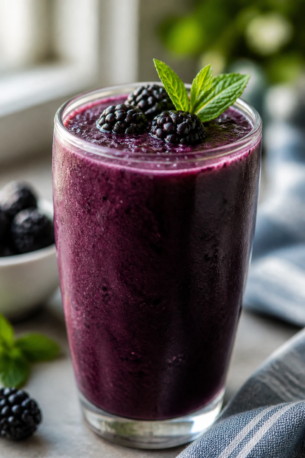 Close-up of a blackberry kefir smoothie in a glass on a kitchen counter