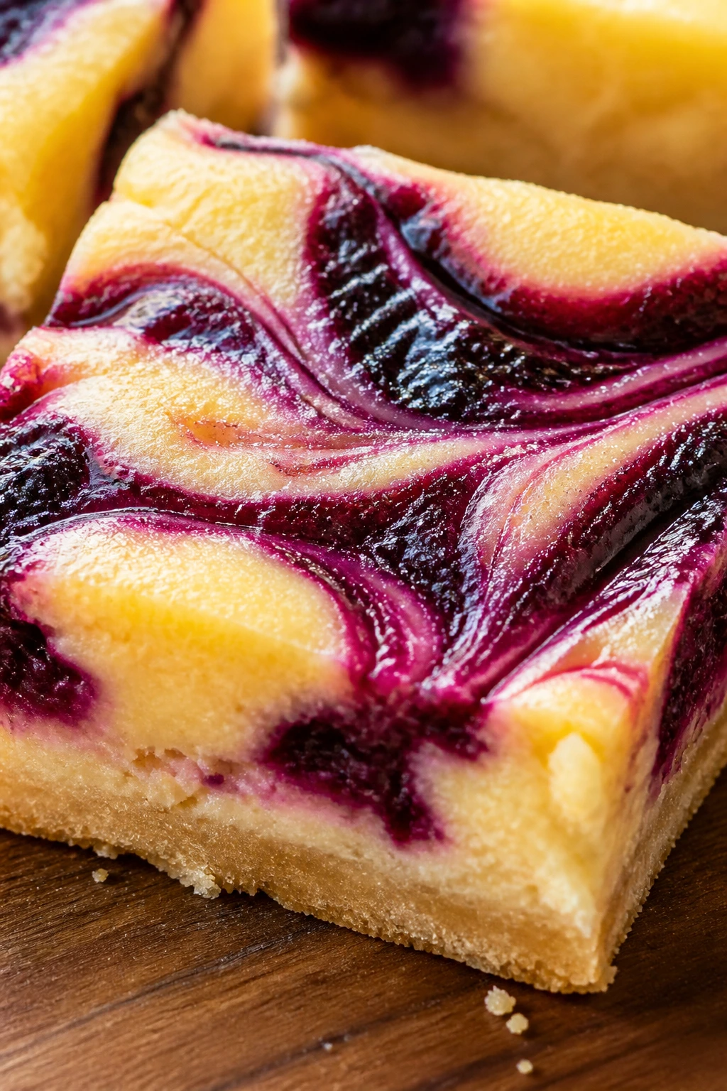 Close-up of blackberry lemon bars showing lemon filling and blackberry swirl