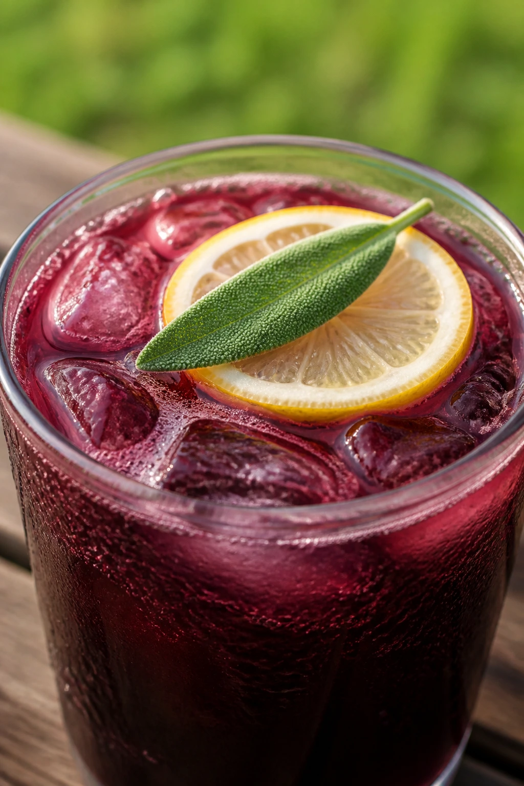 Close-up of blackberry sage lemonade in a glass on a picnic table