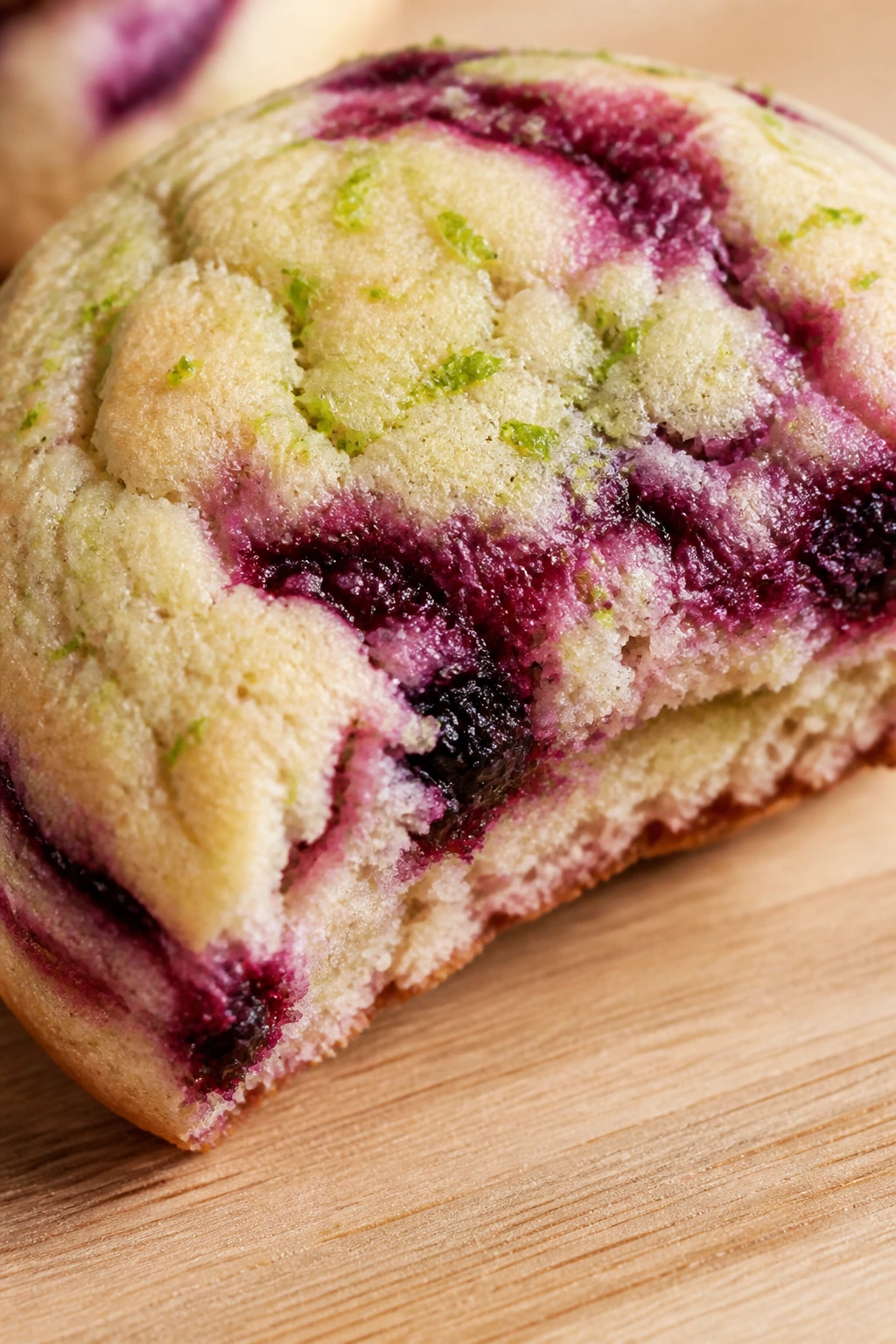 Close-up of blackberry lime rainbow cookie cut to reveal lime zest and blackberry swirl on a wooden board