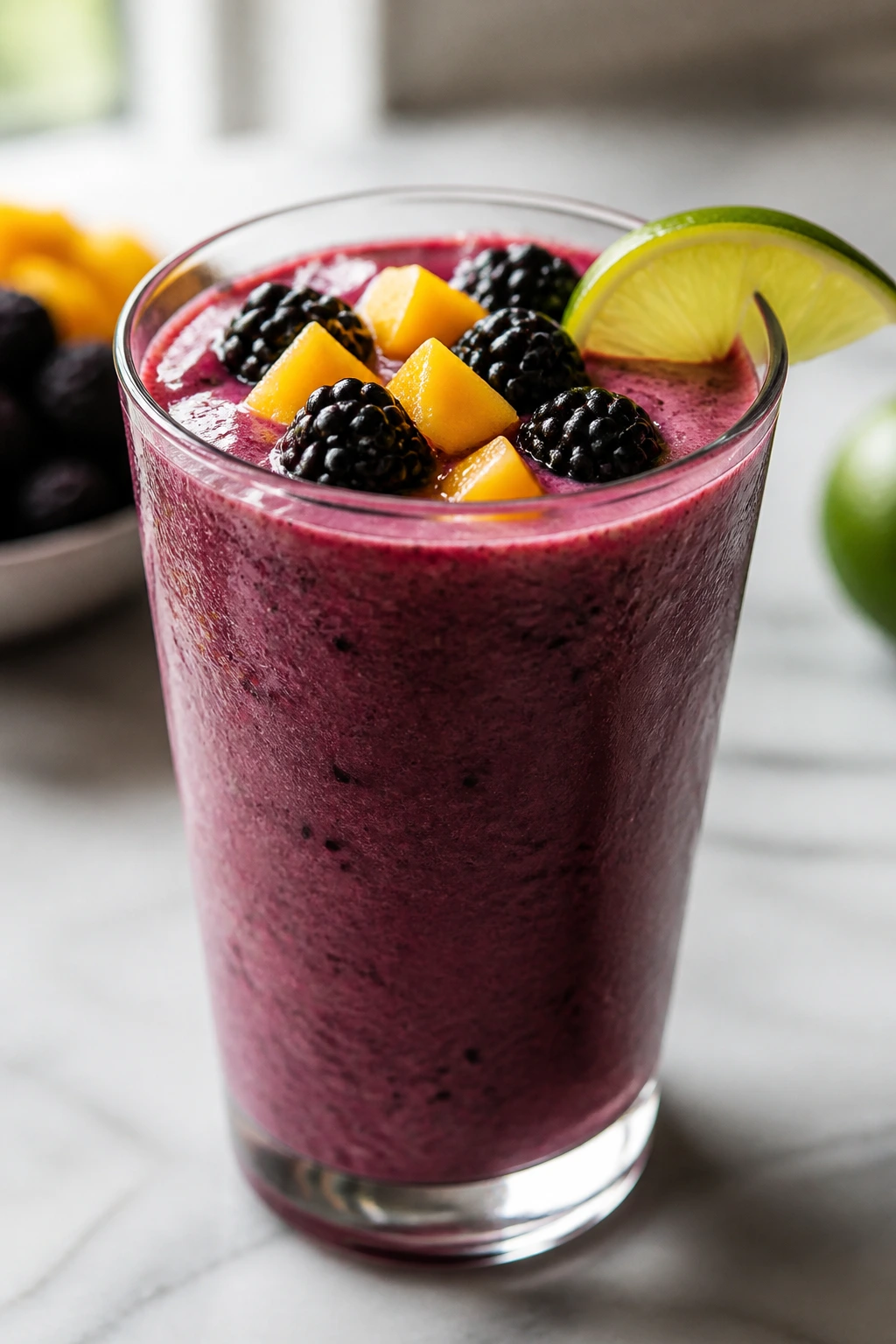 Blackberry Mango Smoothie in clear glass with lime wedge
