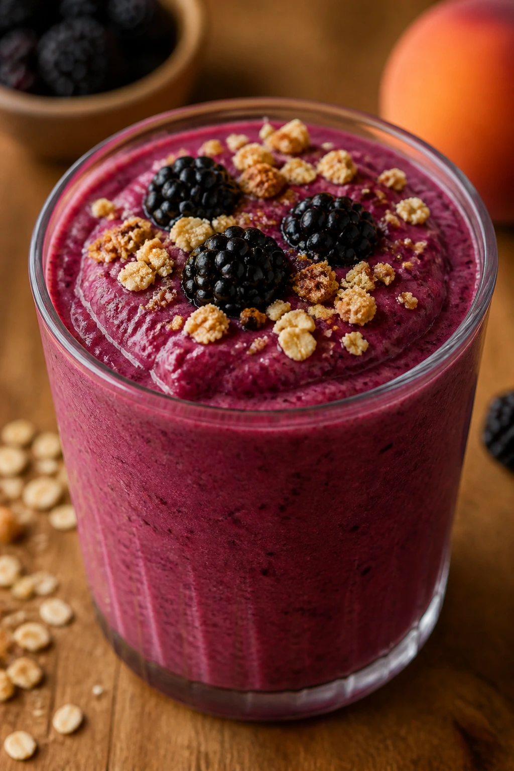 Close-up of blackberry peach cobbler smoothie in glass on wooden surface