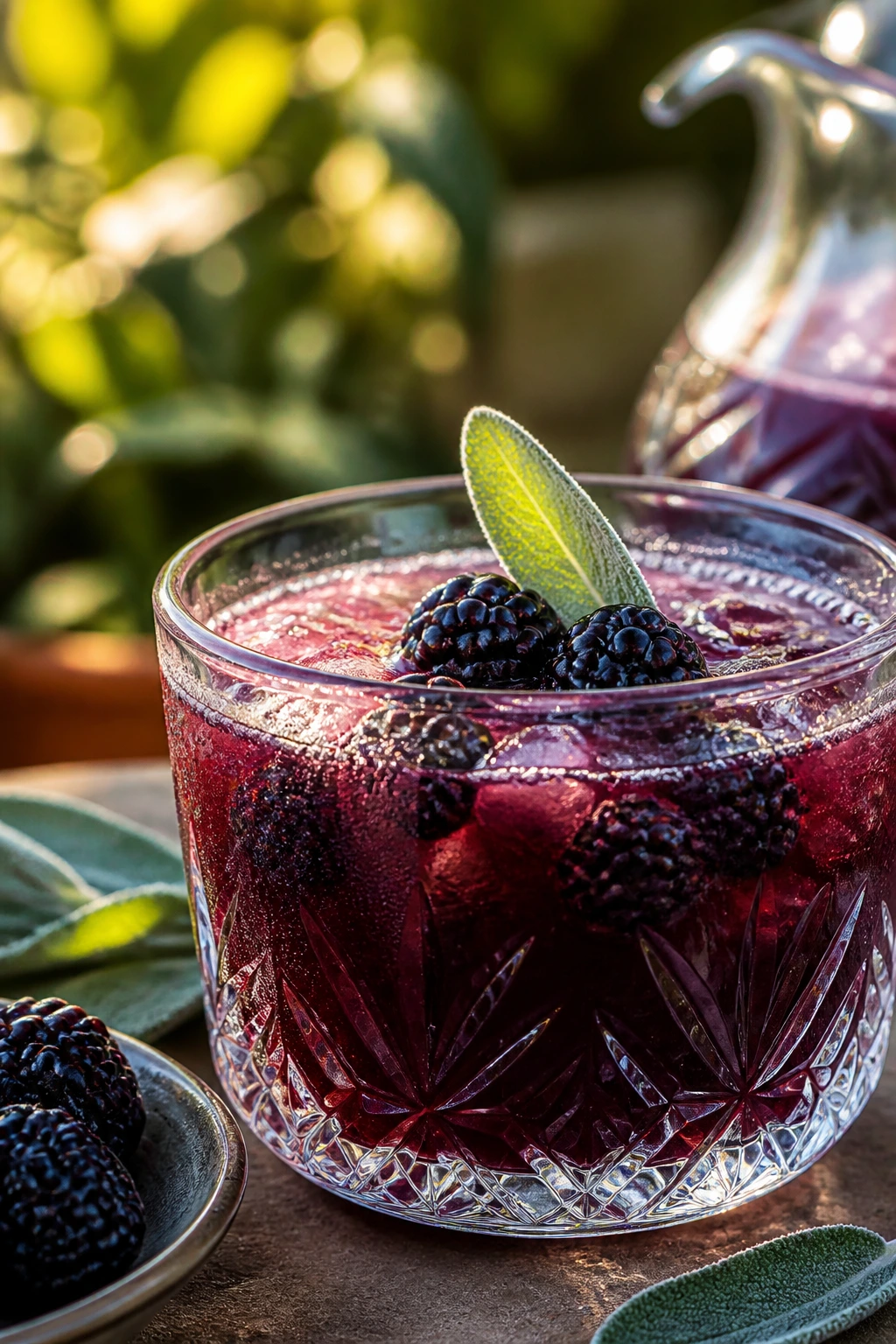 Crystal glass of blackberry sage gin punch with garnish of blackberries and sage leaves