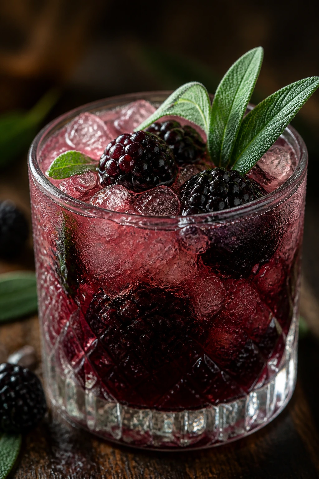 Close-up of Blackberry Sage Gin Smash with blackberries and sage leaves