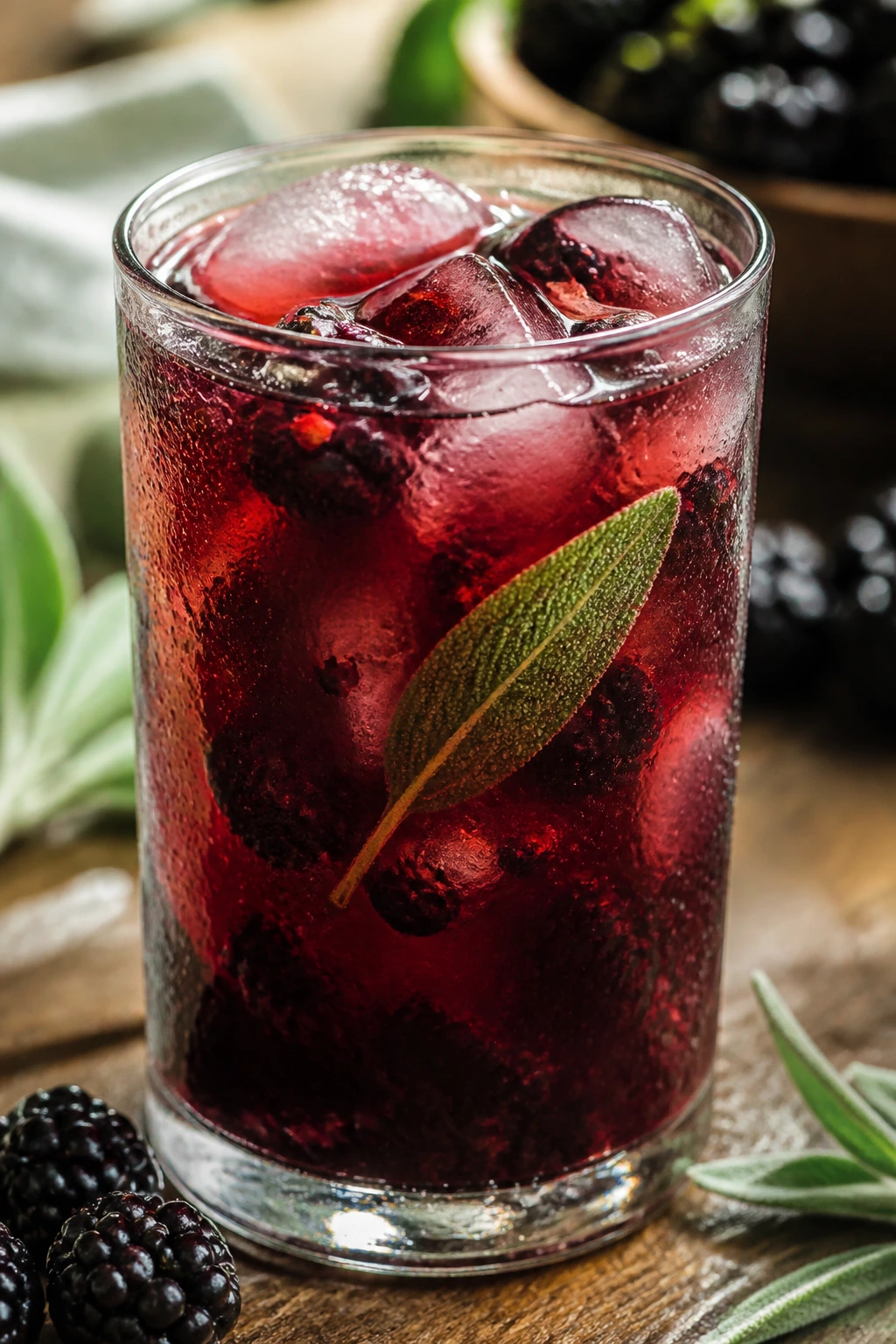 Close-up of blackberry sage iced tea with berries and sage in a glass