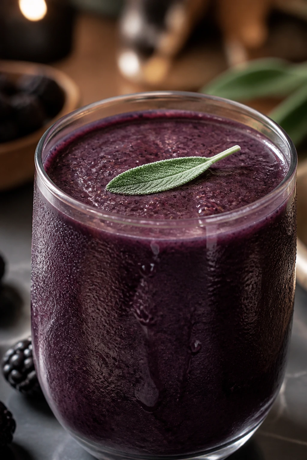 Close-up of Blackberry Sage Potion Smoothie with sage leaf garnish