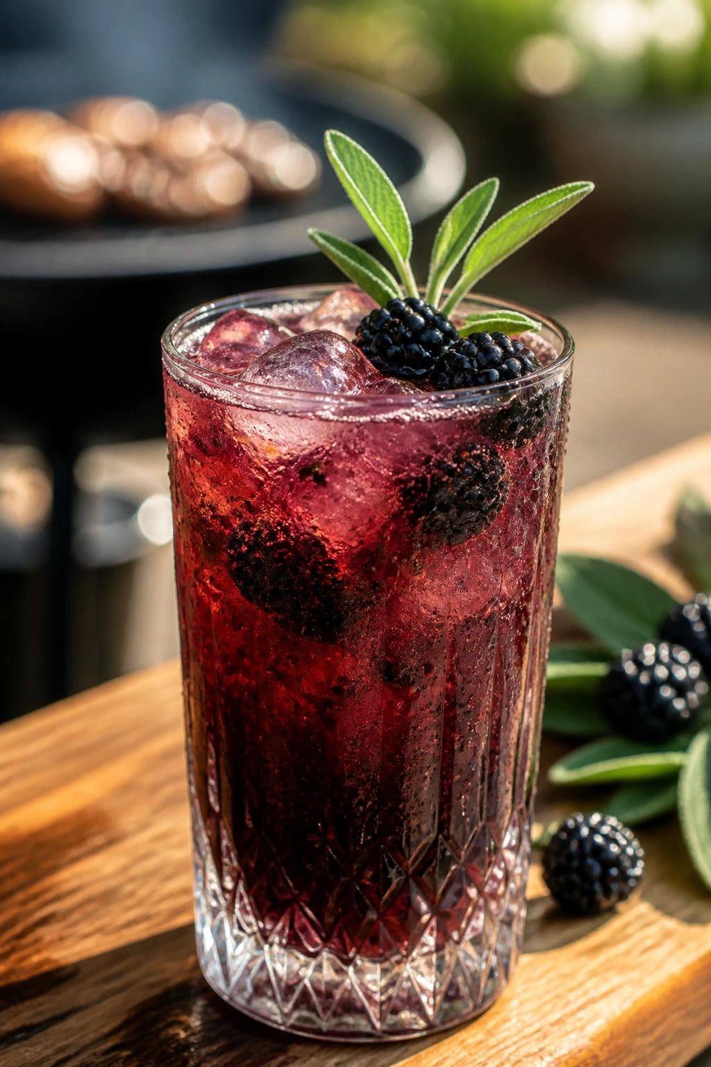 Close-up of Blackberry Sage Spritz on a sunlit patio with a grill in the background