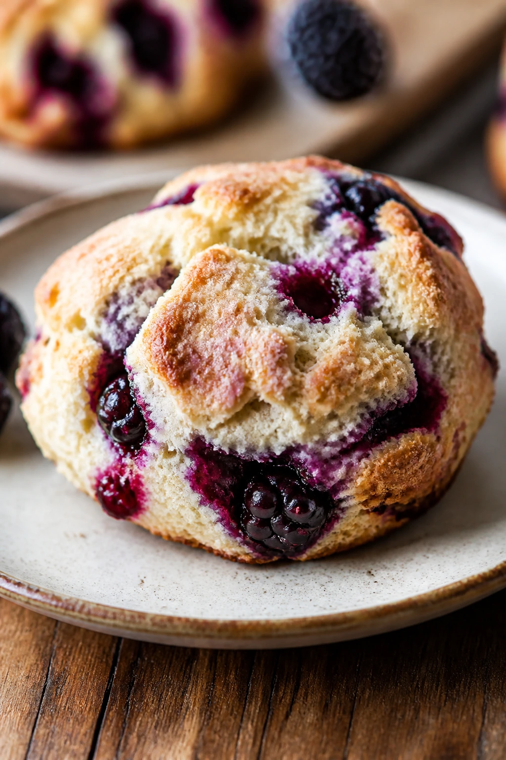 Skyr scone with blackberry pockets on a plate