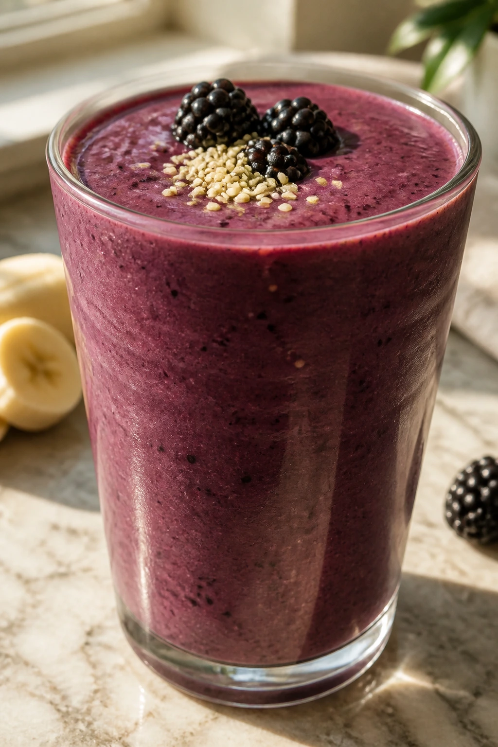 Deep purple Blackberry Banana Hemp Smoothie in glass on sunny counter