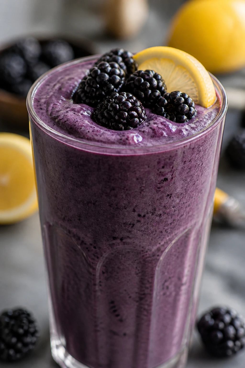 Close-up Blackberry Lemon Cheesecake Smoothie in glass on kitchen counter