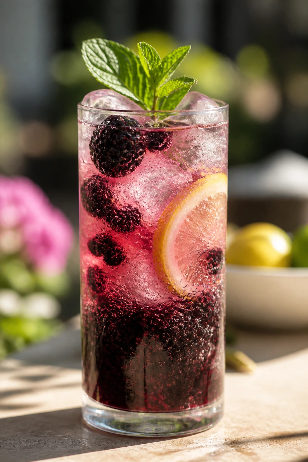 Highball glass of Blackberry Lemon Vodka Spritz with muddled berries and mint
