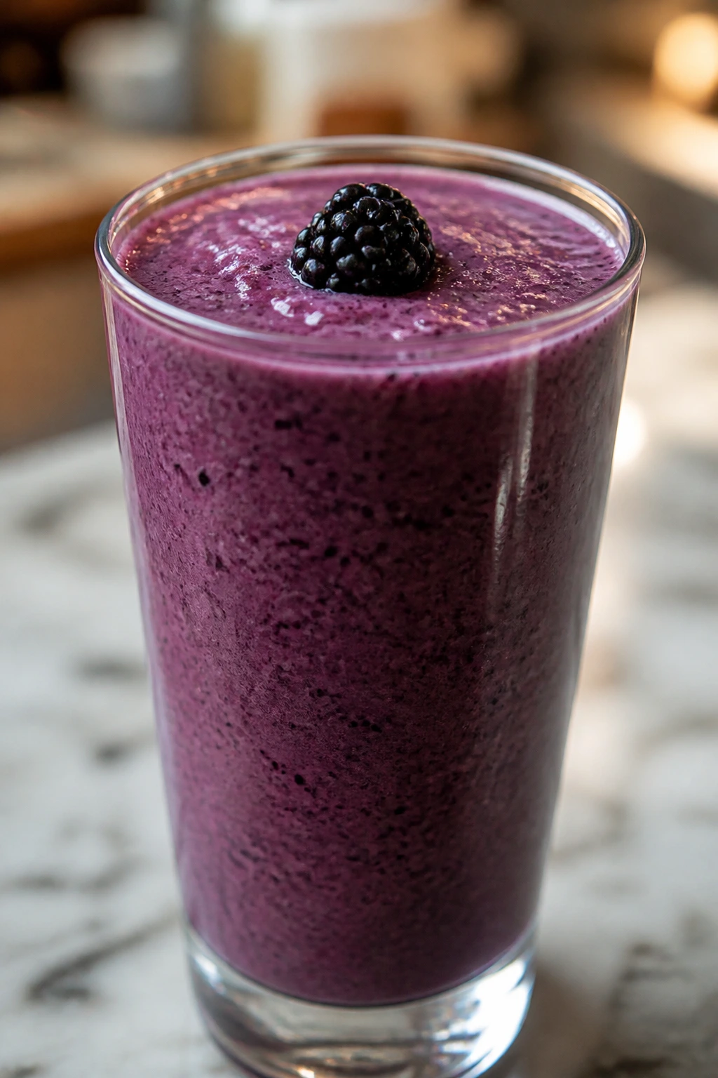 Deep purple blackberry vanilla smoothie in a glass with blackberry garnish