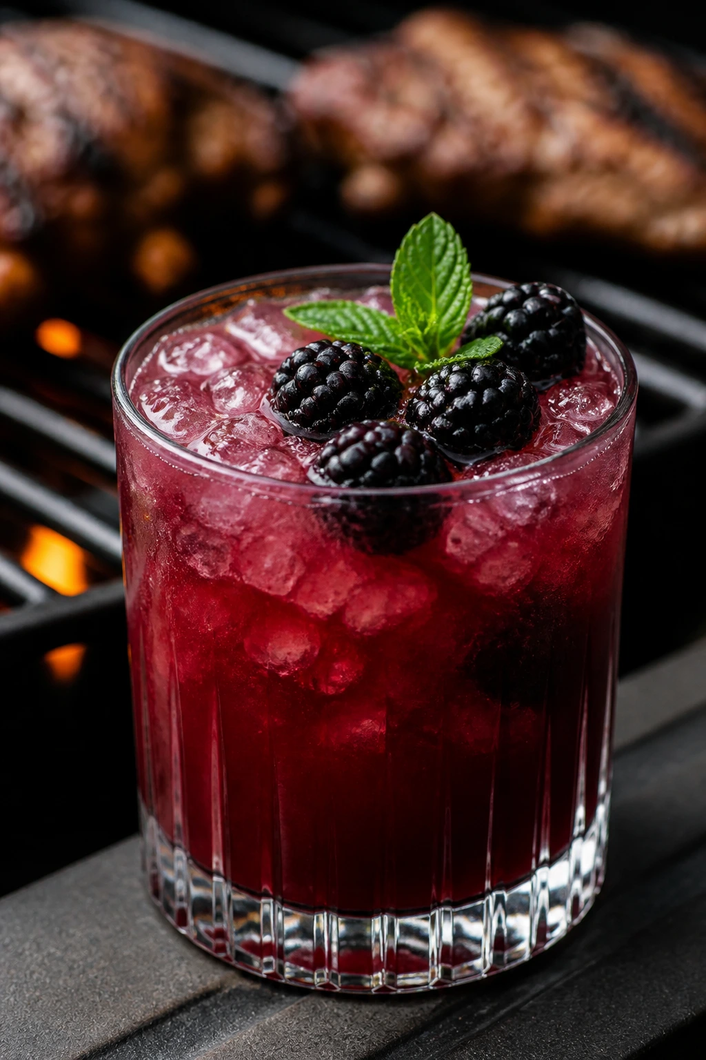 Close-up of Blackberry Whiskey Smash with blackberries