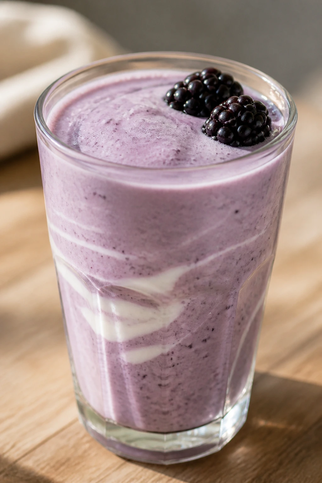 Close-up of Blackberry White Tea Yogurt Smoothie in a glass on a wooden table