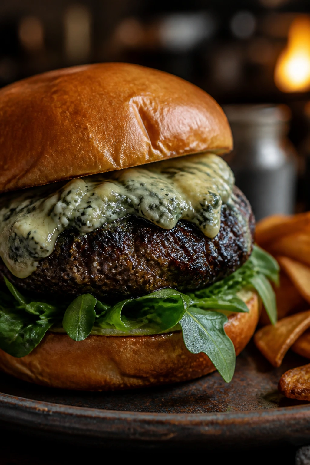 Blackened patty with blue cheese and arugula on bun