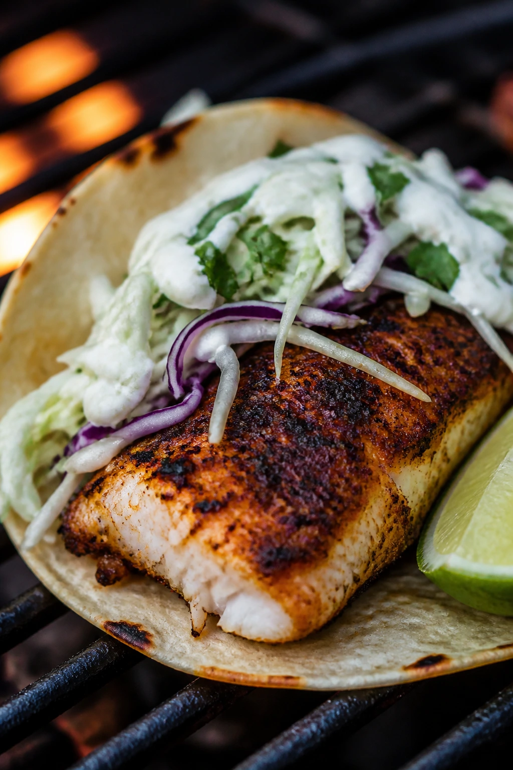 Close-up of blackened fish taco with cabbage and crema