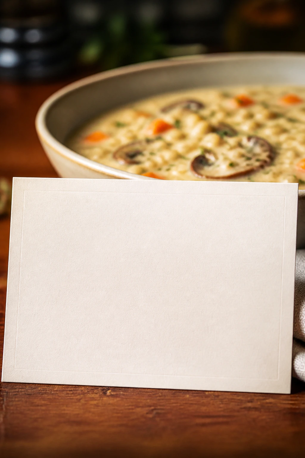 Blank recipe card dominating frame with a blurred bowl of creamy barley soup in the background