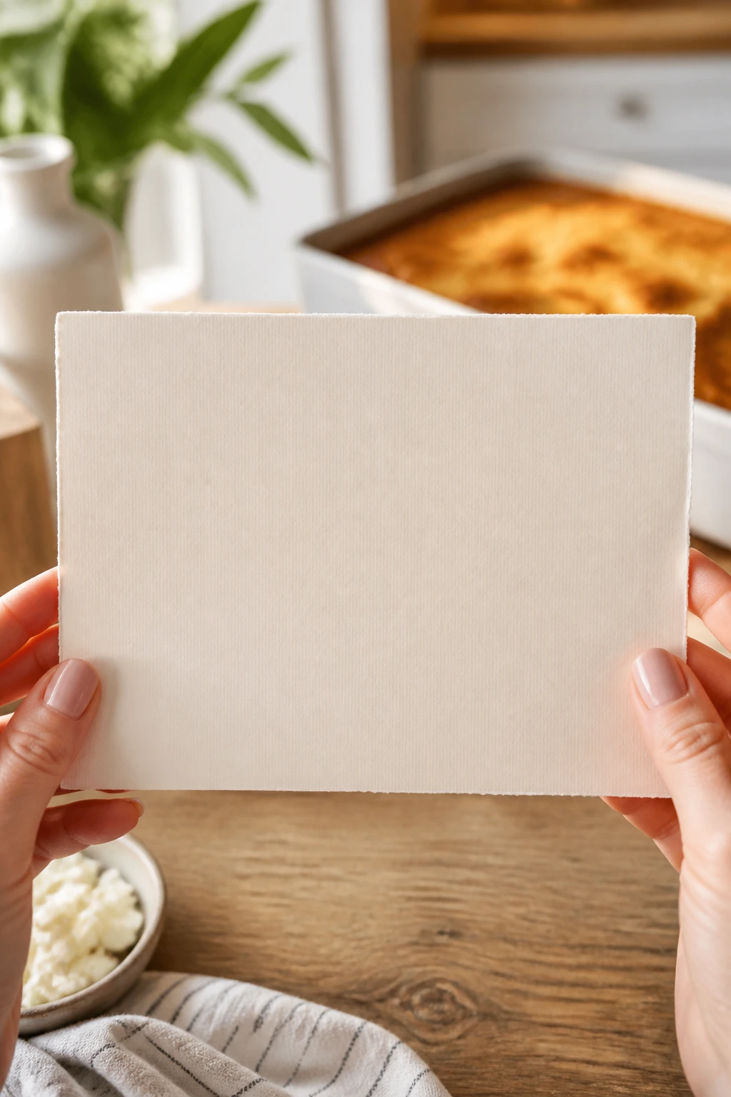 Close-up of blank recipe card held in hands in a bright kitchen with a blurred baking dish background