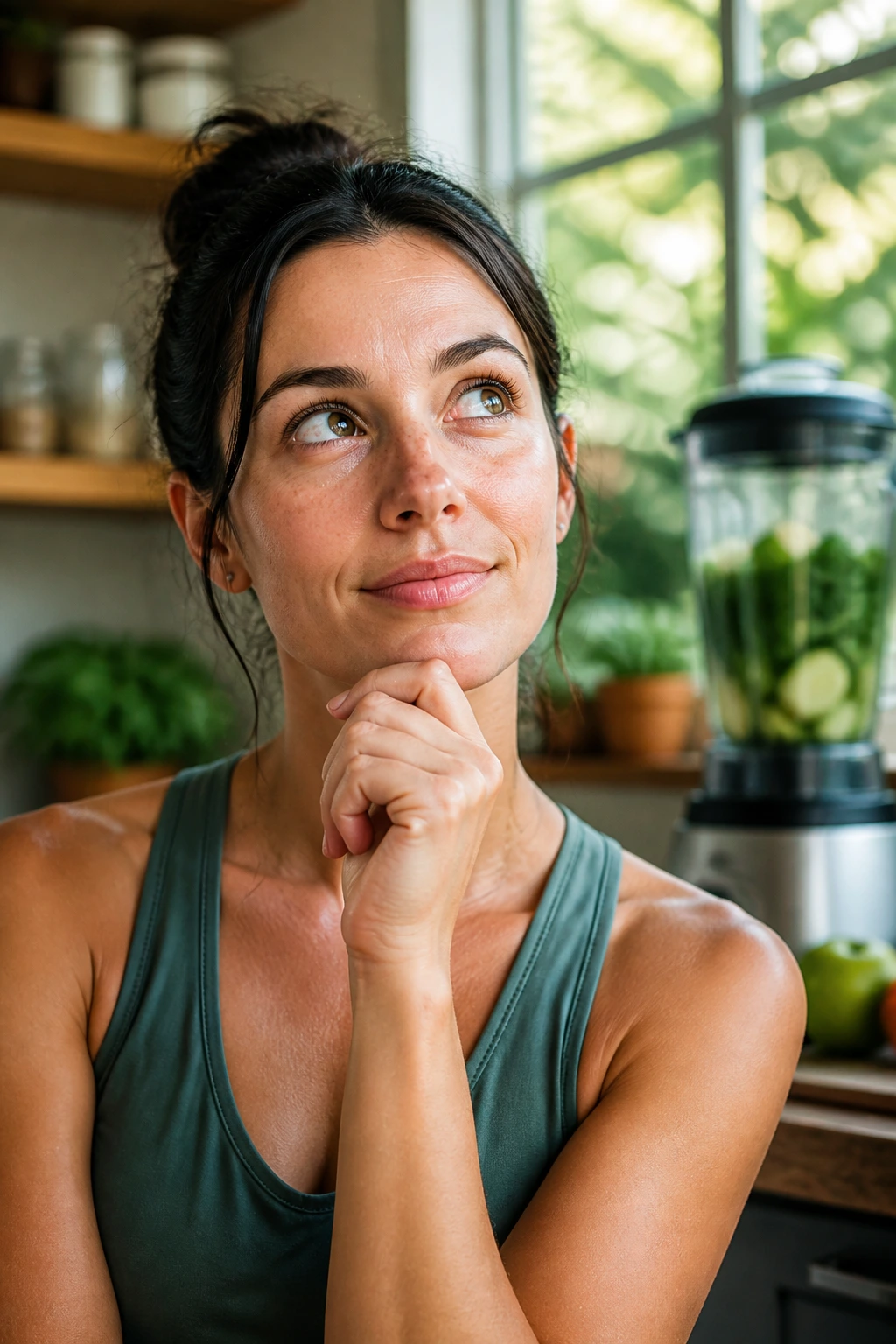 Close-up portrait of a person in a warm kitchen contemplating blending smoothies