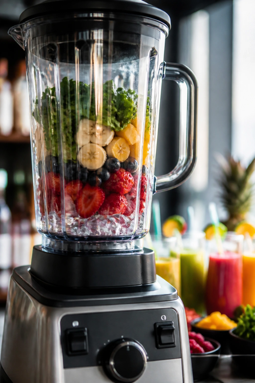 Close-up of a sleek blender on a kitchen counter, suggesting a blender bar setup for a girls' night