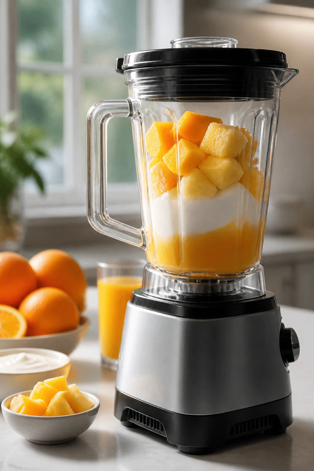 Blender with creamy smoothie ingredients in a bright kitchen