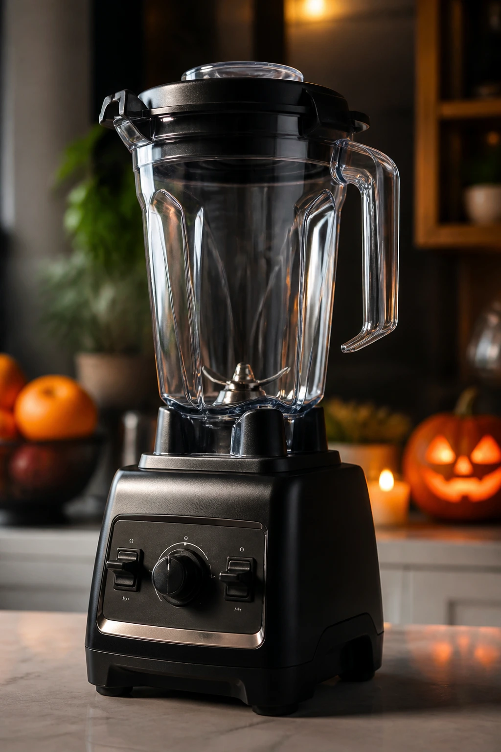 Close-up of a high-speed blender on a kitchen counter