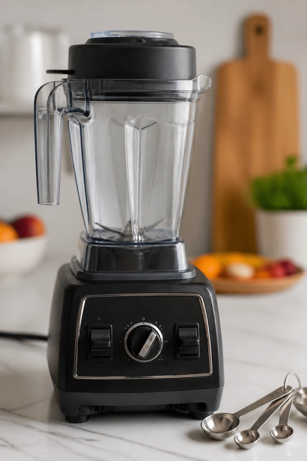 Close-up of a high-speed blender as essential smoothie equipment