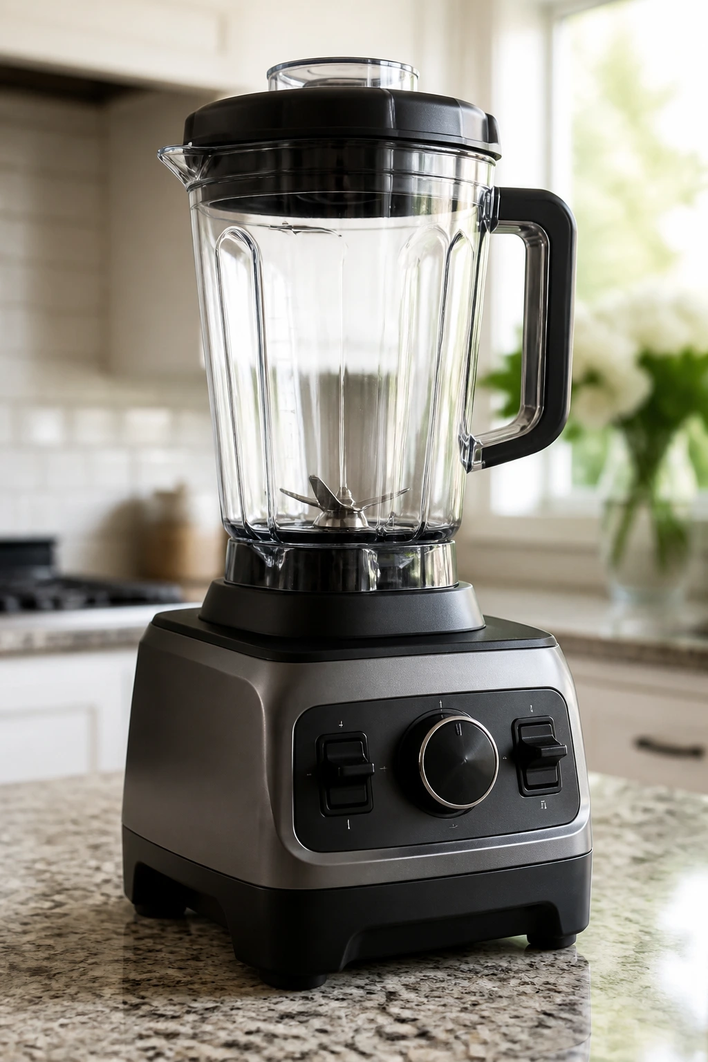 Close-up of a blender on a kitchen counter ready for smoothies