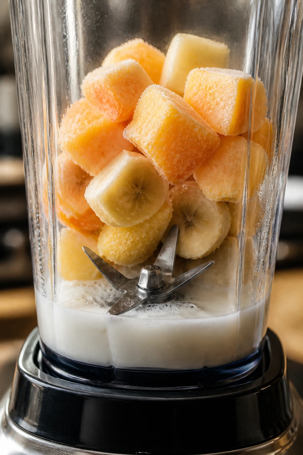 Blender jar with frozen pack and liquid ready to blend